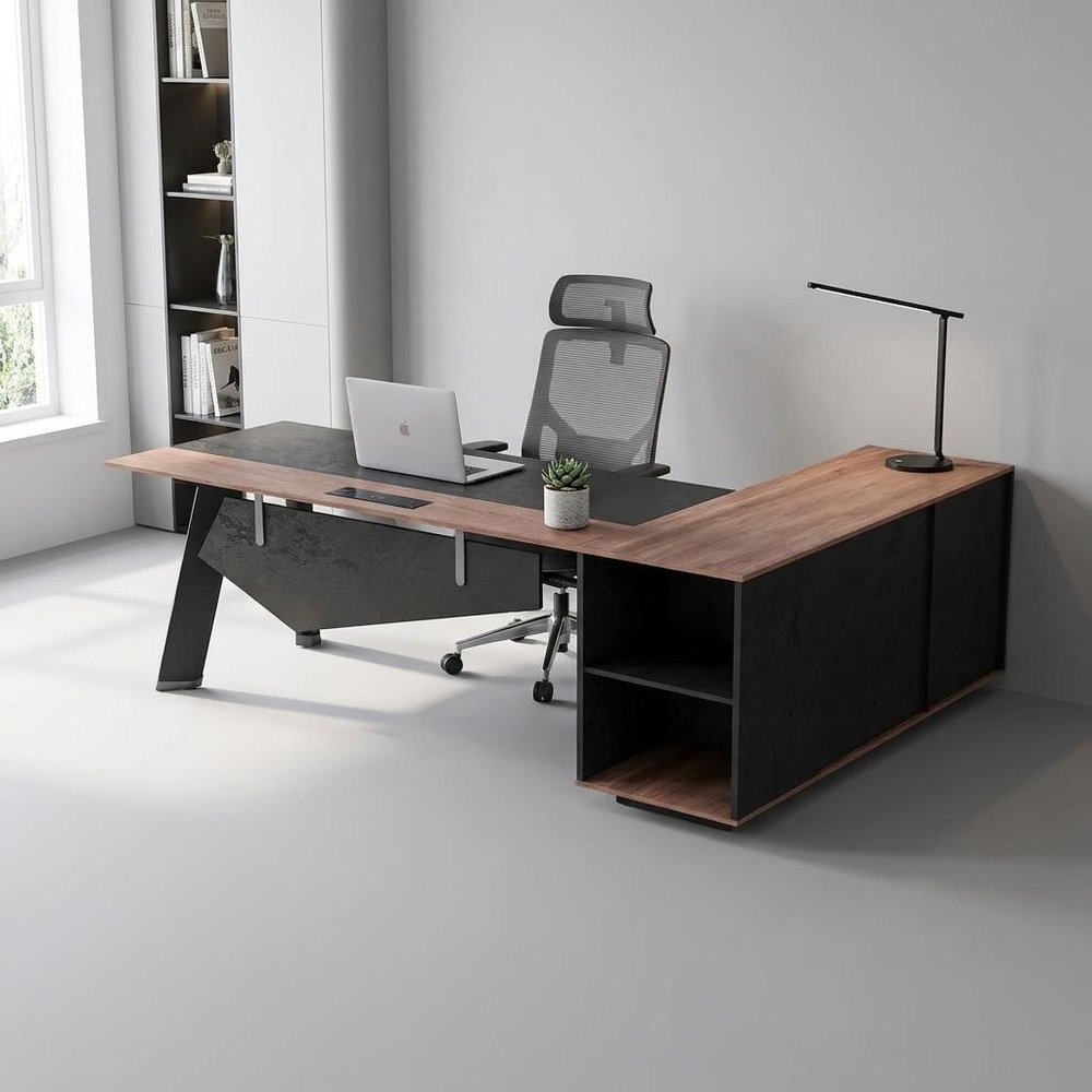 63" Black And Brown Wood And Steel L Shape Pedestal Executive Desk With Four Cabinets