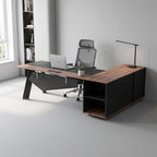 63" Black And Brown Wood And Steel L Shape Pedestal Executive Desk With Four Cabinets
