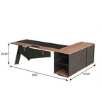 63" Black And Brown Wood And Steel L Shape Pedestal Executive Desk With Four Cabinets
