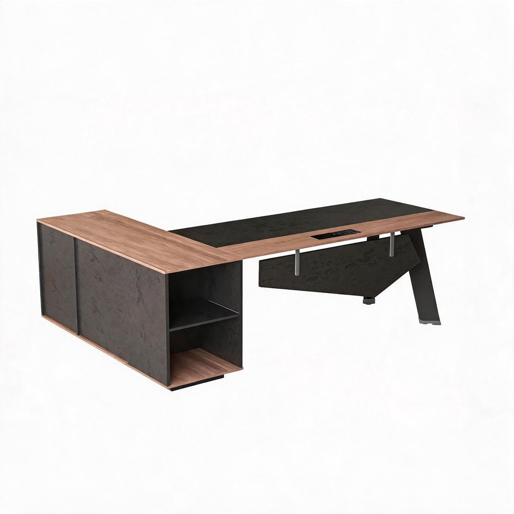 63" Black And Brown Wood And Steel L Shape Pedestal Executive Desk With Four Cabinets