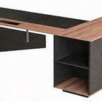 63" Black And Brown Wood And Steel L Shape Pedestal Executive Desk With Four Cabinets