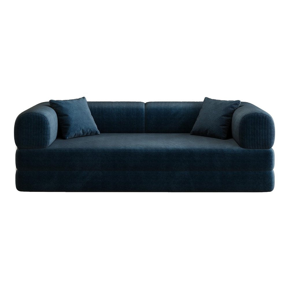 79" Blue Corduroy Convertible Futon Sleeper Sofa With Toss Pillows