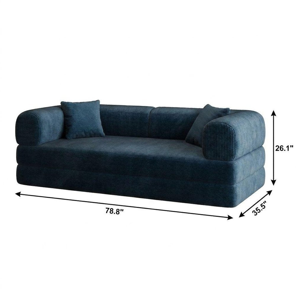79" Blue Corduroy Convertible Futon Sleeper Sofa With Toss Pillows