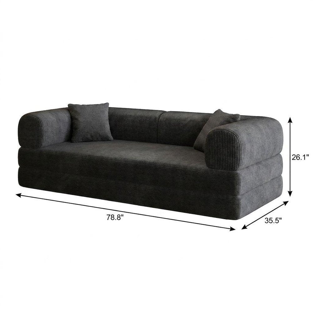 79" Black Corduroy Convertible Futon Sleeper Sofa With Toss Pillows