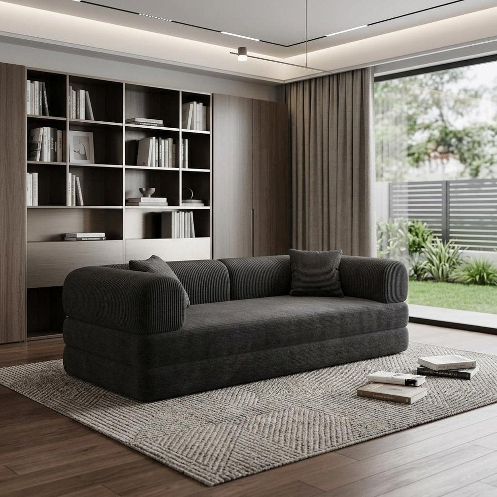 79" Black Corduroy Convertible Futon Sleeper Sofa With Toss Pillows