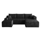 95" Black Corduroy Modular Chaise Style Sofa With Ottoman And Toss Pillows