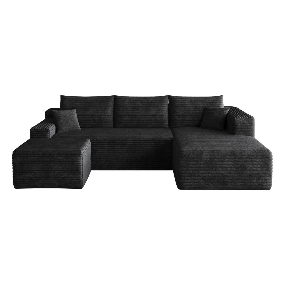 95" Black Corduroy Modular Chaise Style Sofa With Ottoman And Toss Pillows