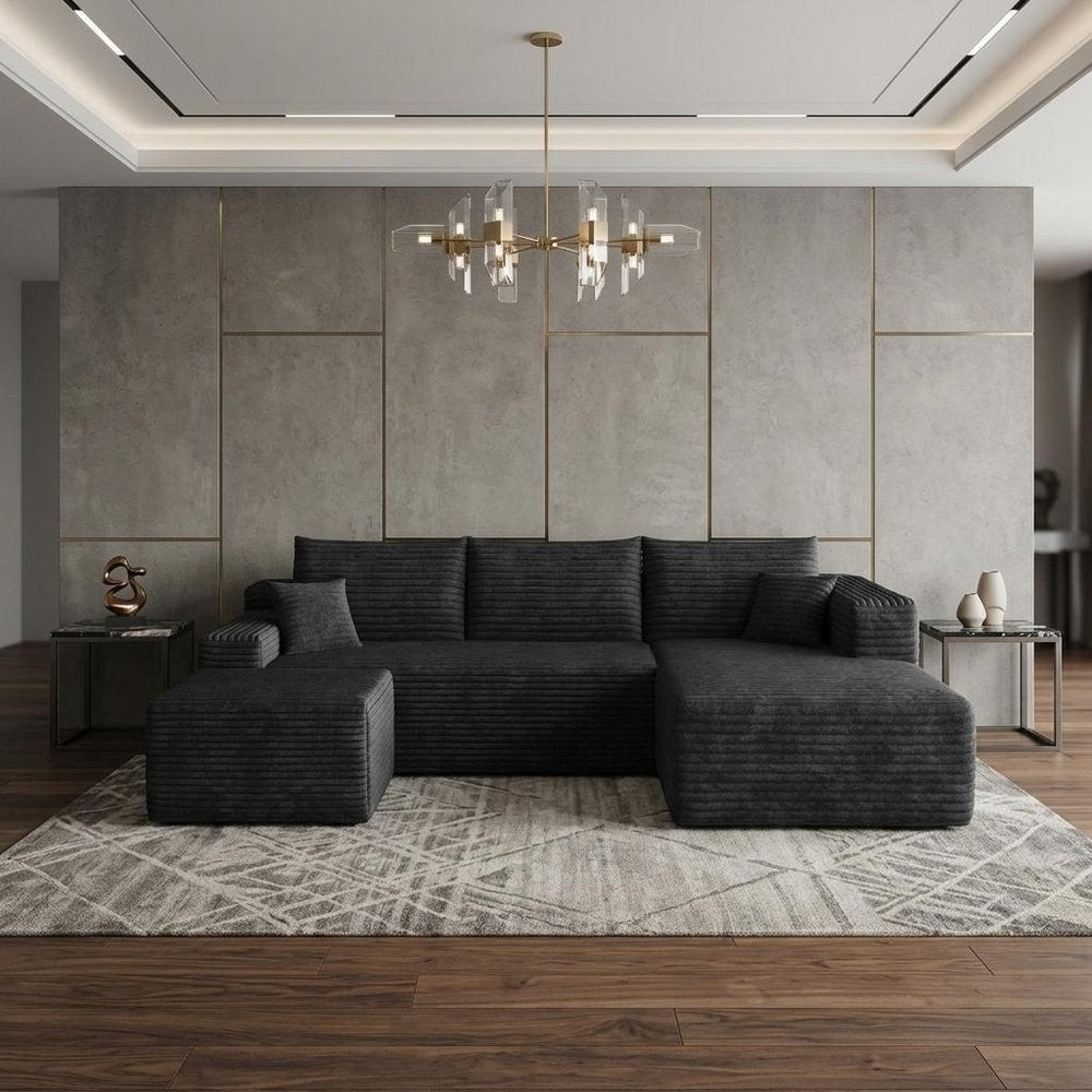 95" Black Corduroy Modular Chaise Style Sofa With Ottoman And Toss Pillows