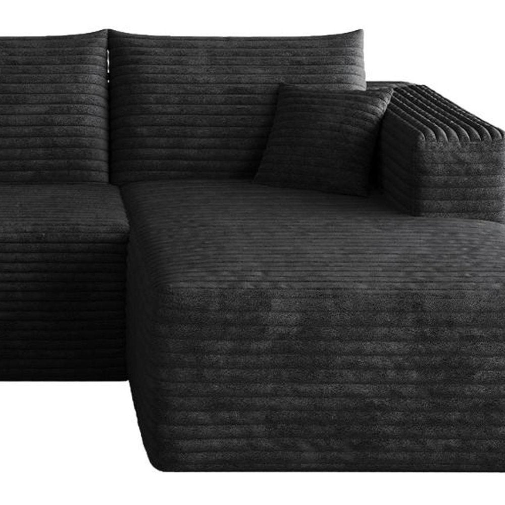 95" Black Corduroy Modular Chaise Style Sofa With Ottoman And Toss Pillows