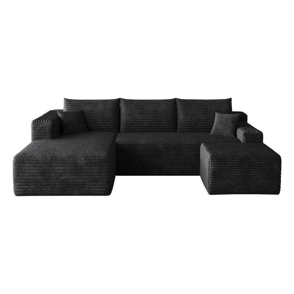 95" Black Corduroy Modular Chaise Style Sofa With Ottoman And Toss Pillows
