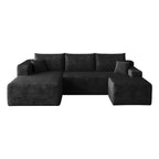 95" Black Corduroy Modular Chaise Style Sofa With Ottoman And Toss Pillows