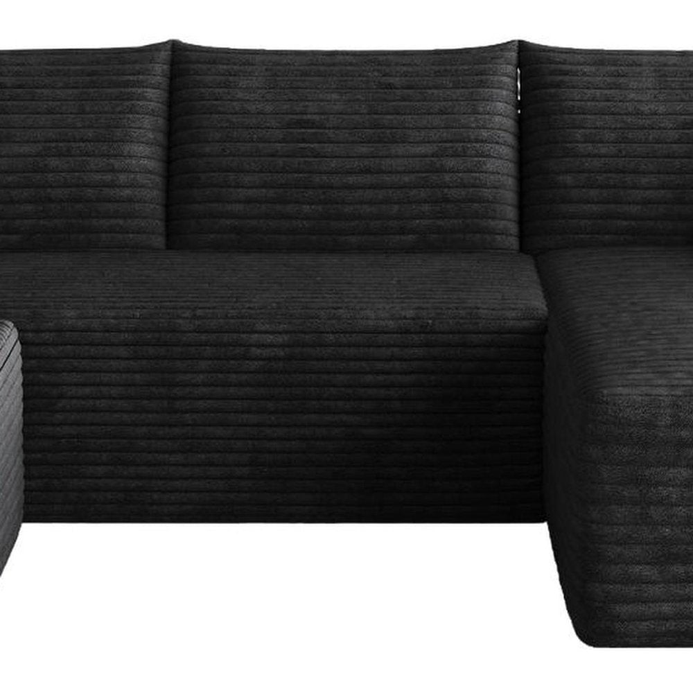 95" Black Corduroy Modular Chaise Style Sofa With Ottoman And Toss Pillows