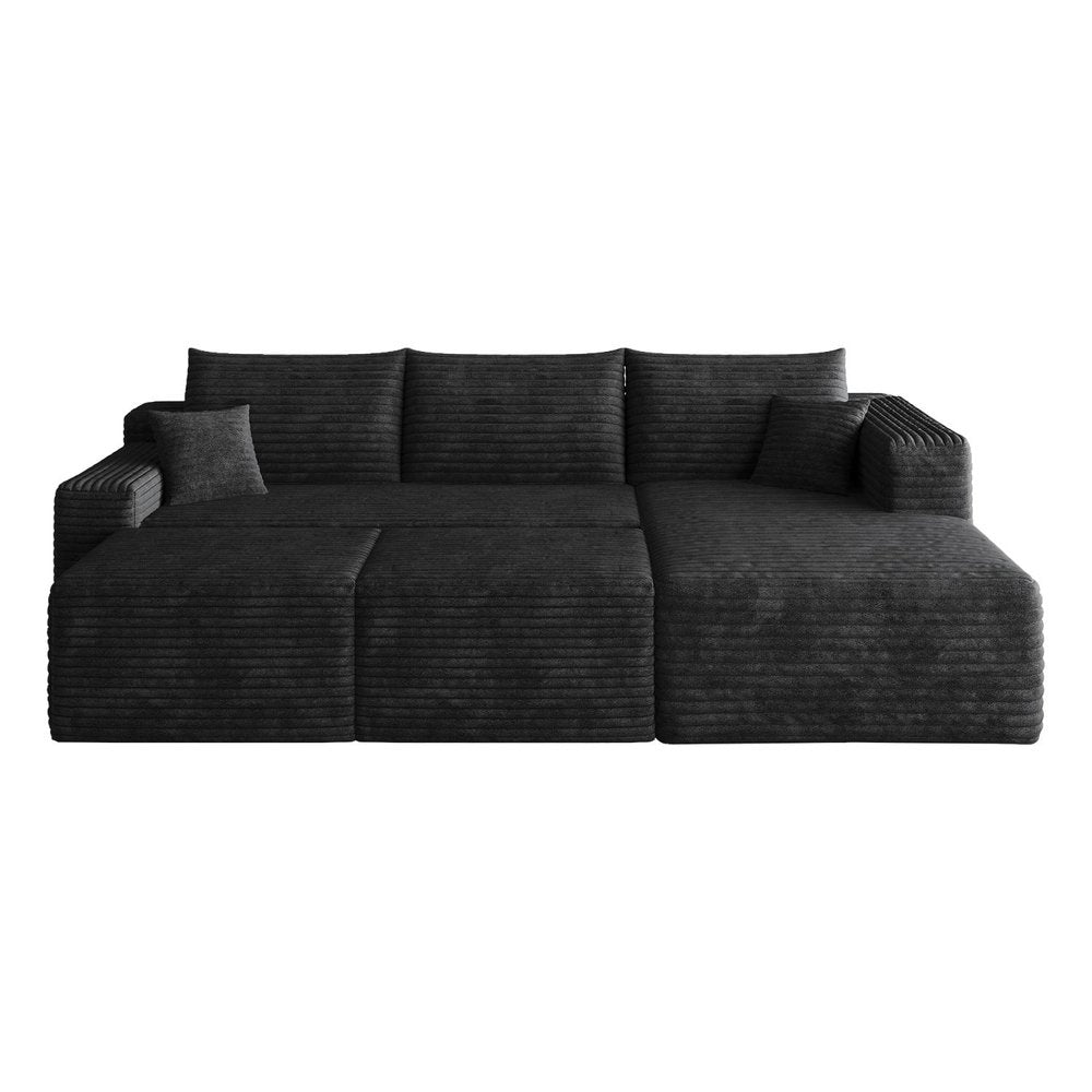 95" Black Corduroy Modular Chaise Style Sofa With Ottoman And Toss Pillows