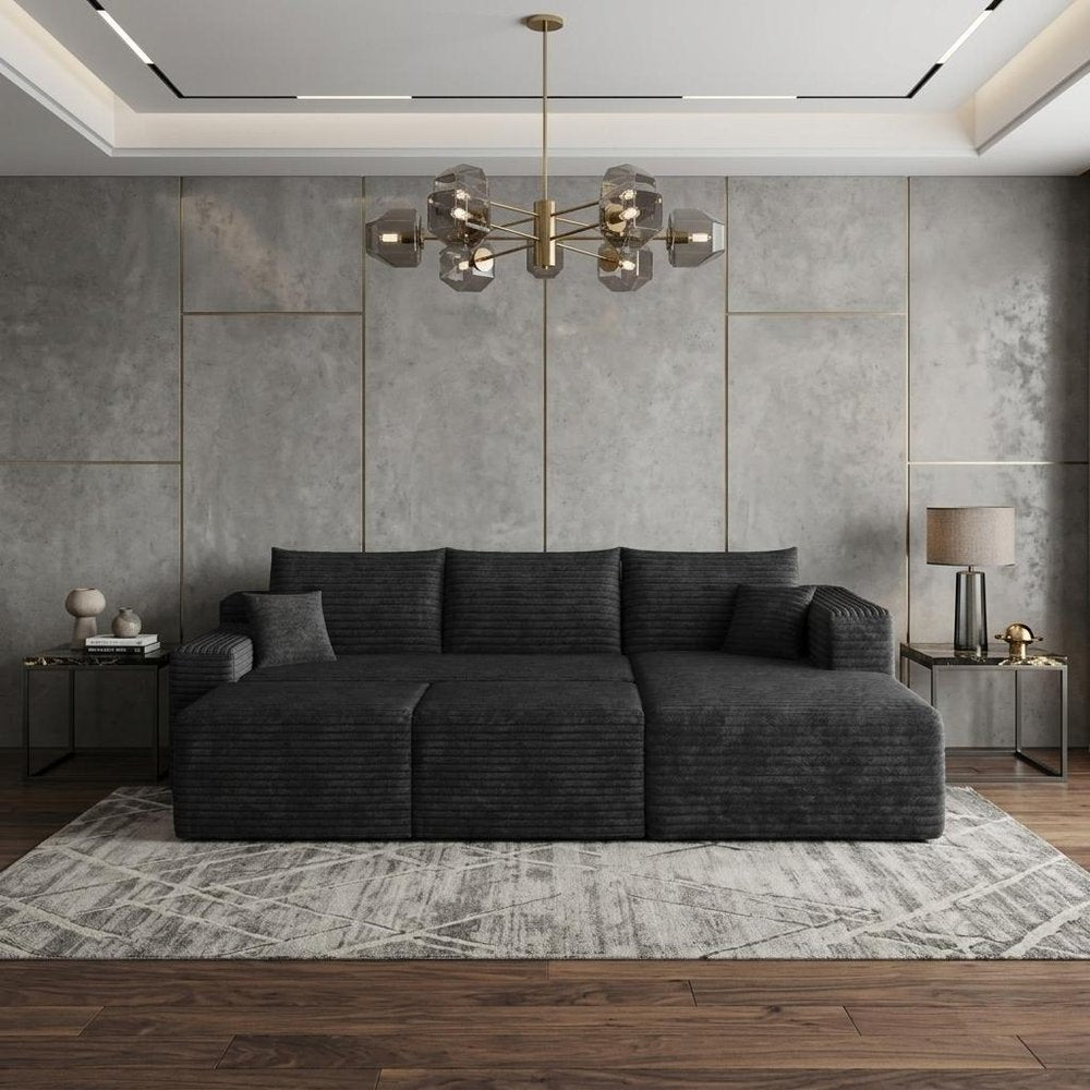 95" Black Corduroy Modular Chaise Style Sofa With Ottoman And Toss Pillows