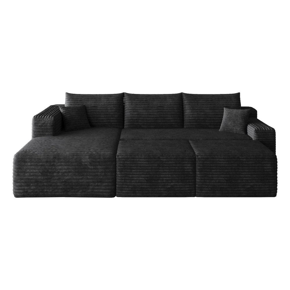 95" Black Corduroy Modular Chaise Style Sofa With Ottoman And Toss Pillows
