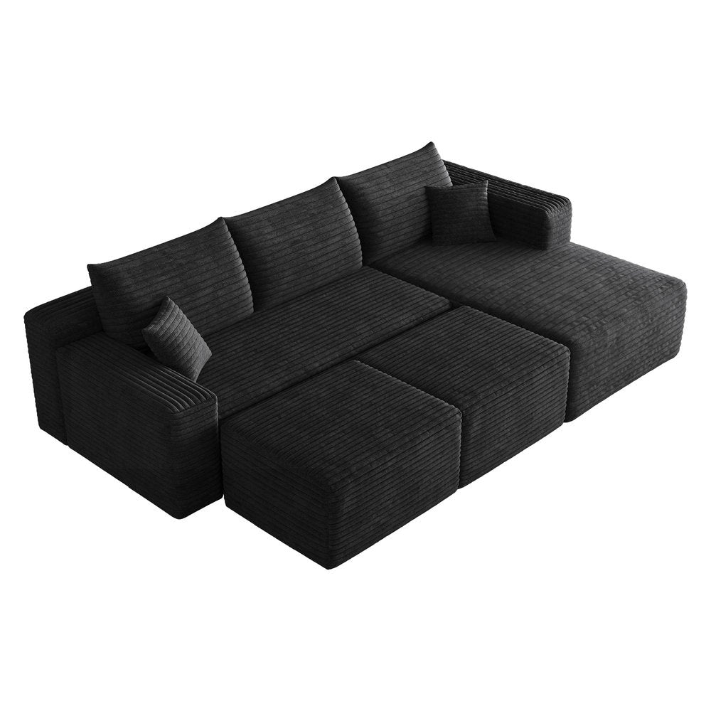 95" Black Corduroy Modular Chaise Style Sofa With Ottoman And Toss Pillows