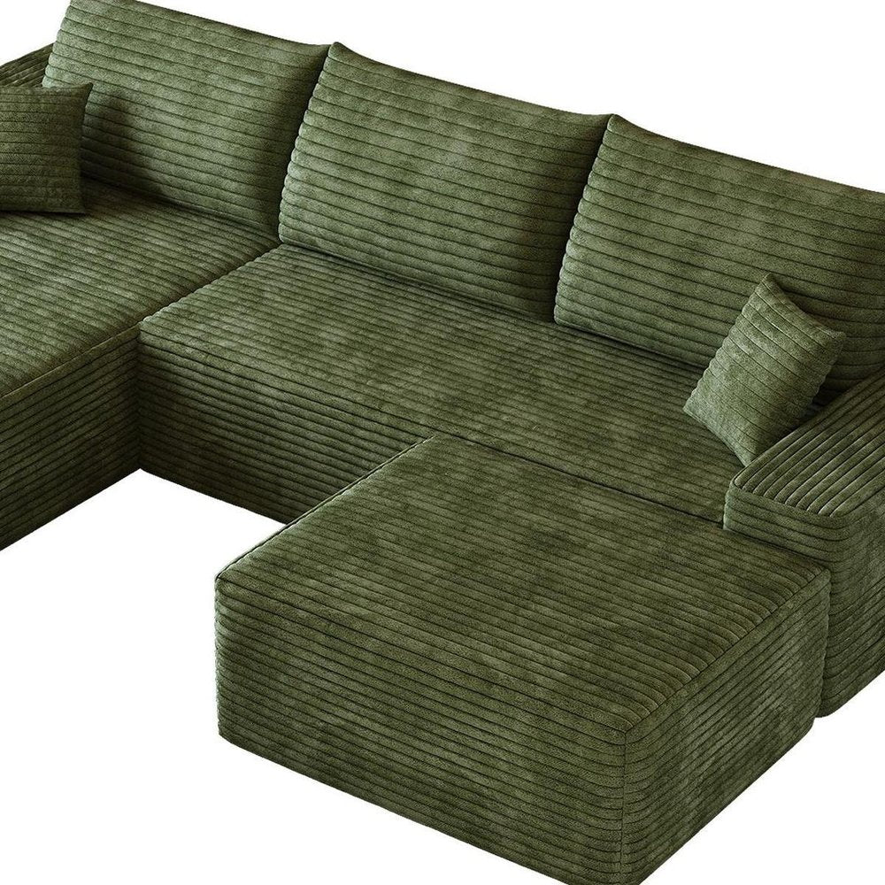 107" Green Corduroy Modular Chaise Style Sofa With Ottoman And Toss Pillows