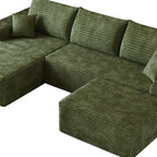 107" Green Corduroy Modular Chaise Style Sofa With Ottoman And Toss Pillows