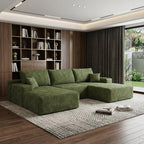 107" Green Corduroy Modular Chaise Style Sofa With Ottoman And Toss Pillows