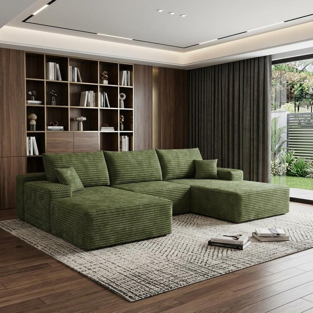 107" Green Corduroy Modular Chaise Style Sofa With Ottoman And Toss Pillows
