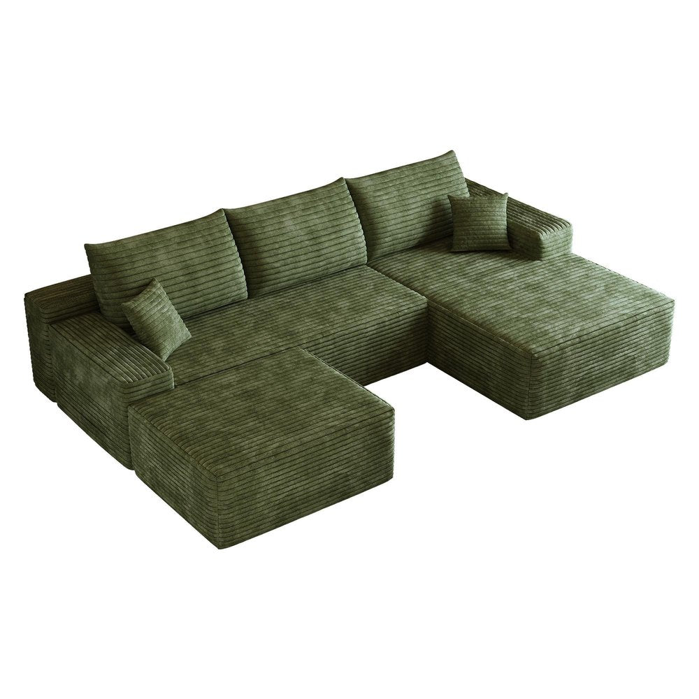 107" Green Corduroy Modular Chaise Style Sofa With Ottoman And Toss Pillows