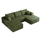 107" Green Corduroy Modular Chaise Style Sofa With Ottoman And Toss Pillows