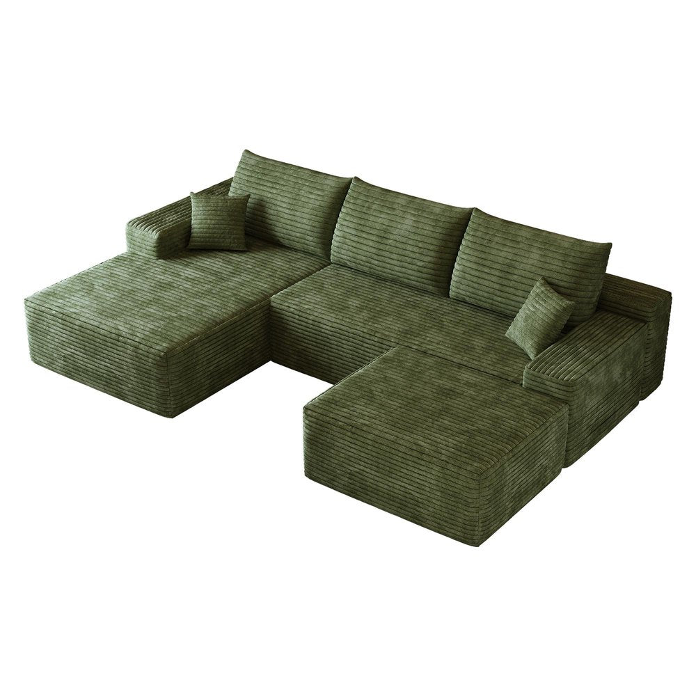 107" Green Corduroy Modular Chaise Style Sofa With Ottoman And Toss Pillows
