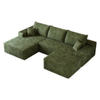 107" Green Corduroy Modular Chaise Style Sofa With Ottoman And Toss Pillows