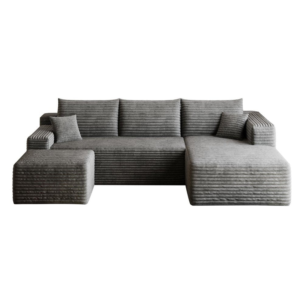 95" Dark Gray Corduroy Modular Chaise Style Sofa With Ottoman And Toss Pillows
