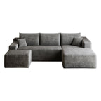 95" Dark Gray Corduroy Modular Chaise Style Sofa With Ottoman And Toss Pillows