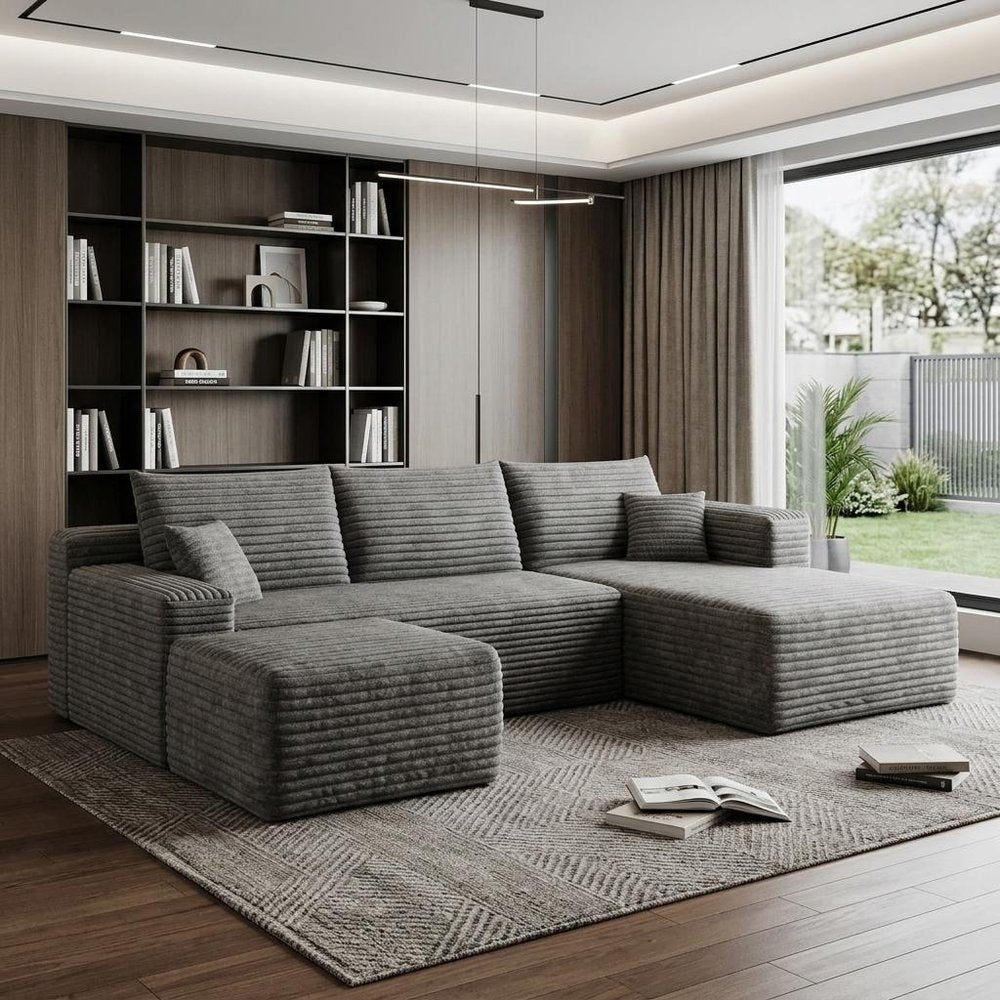95" Dark Gray Corduroy Modular Chaise Style Sofa With Ottoman And Toss Pillows