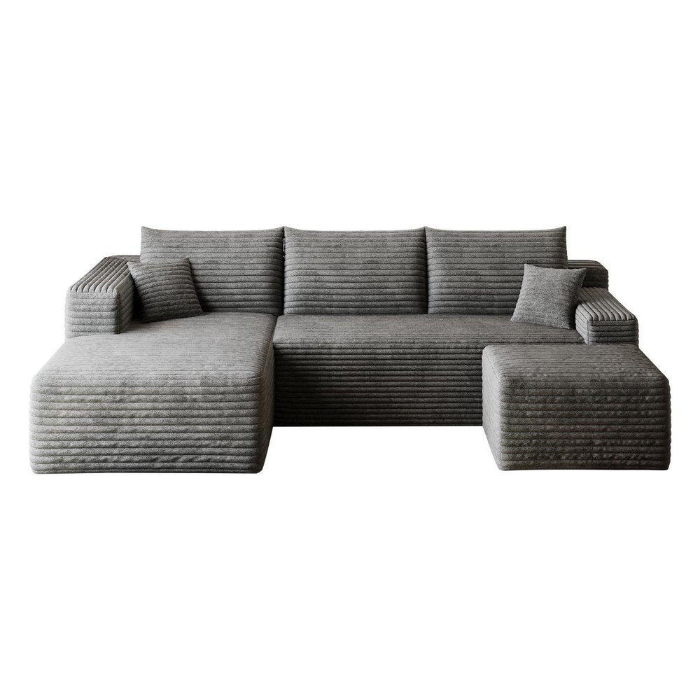 95" Dark Gray Corduroy Modular Chaise Style Sofa With Ottoman And Toss Pillows