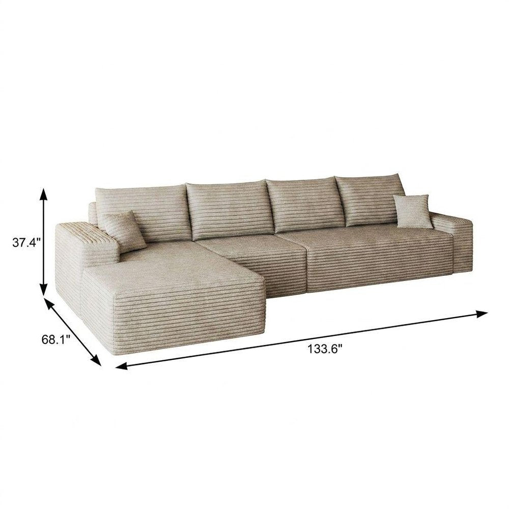 Camel Corduroy Modular L Shaped Sofa and Chaise Sectional
