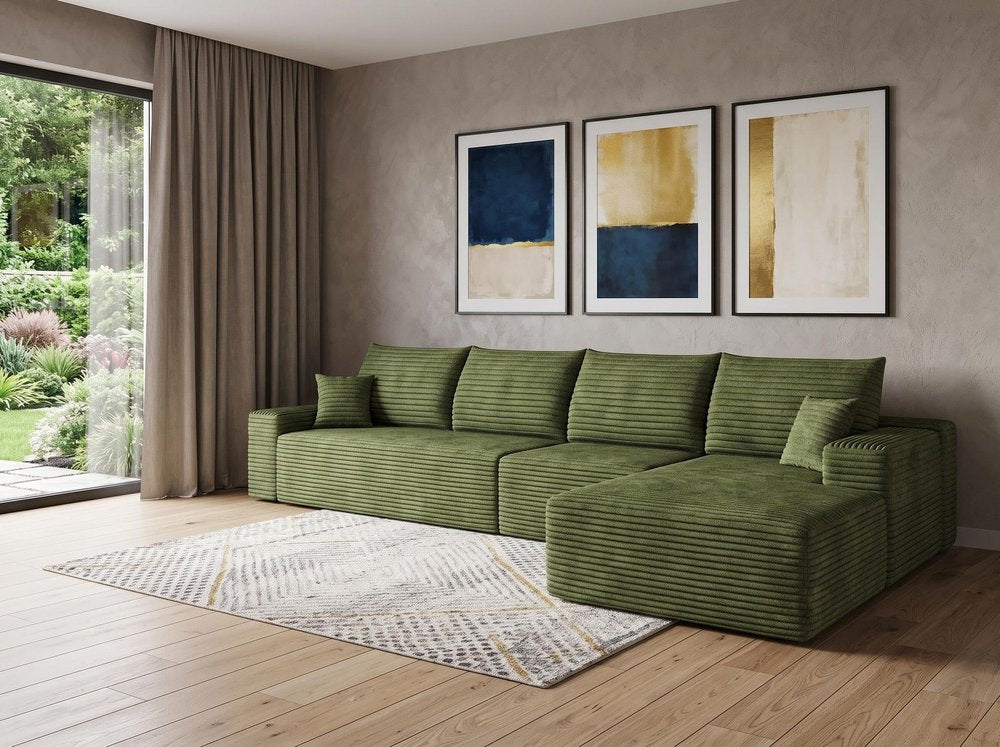 Green Corduroy Modular L Shaped Sofa and Chaise Sectional