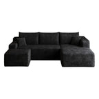 95" Black Corduroy Modular Chaise Style Sofa With Ottoman And Toss Pillows