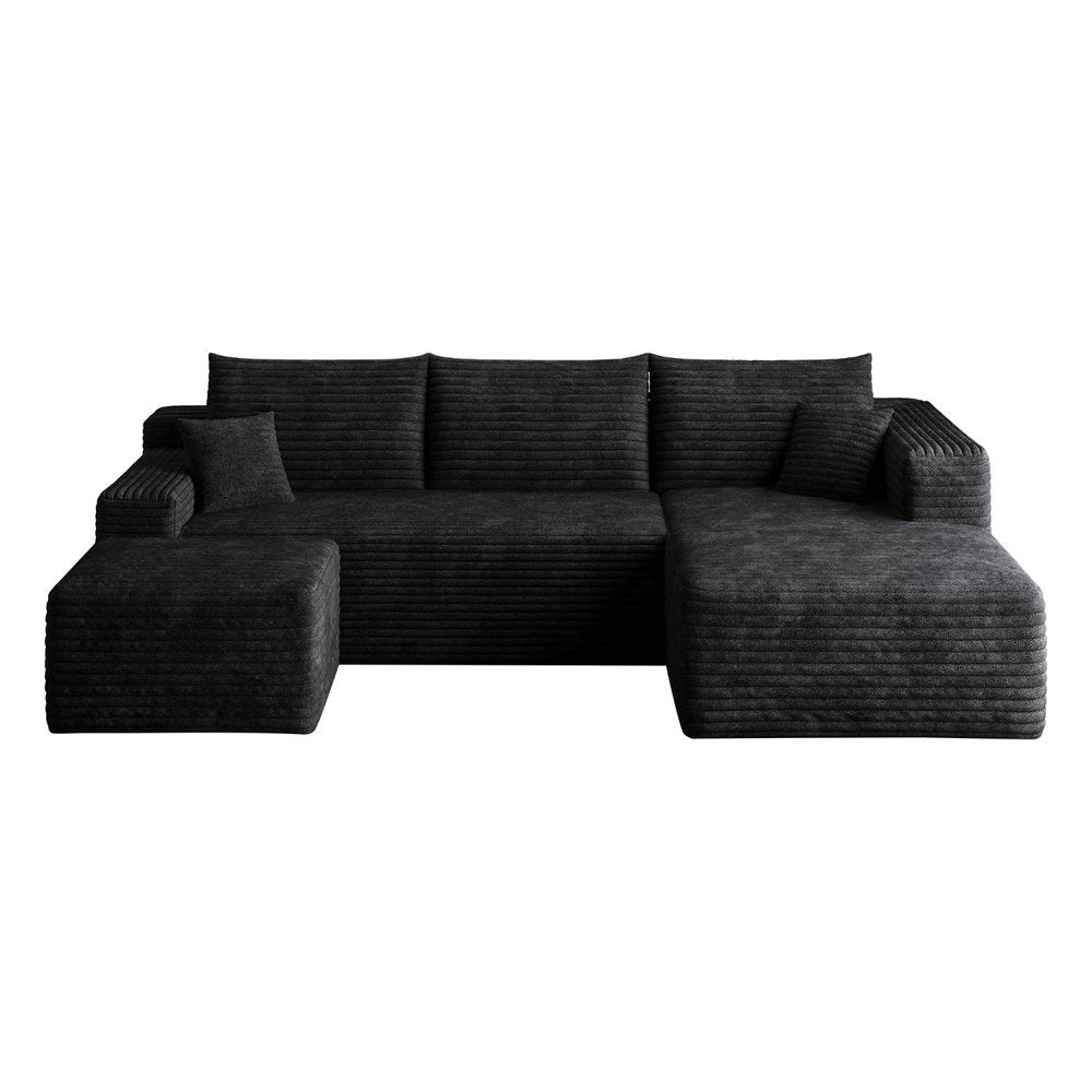 95" Black Corduroy Modular Chaise Style Sofa With Ottoman And Toss Pillows