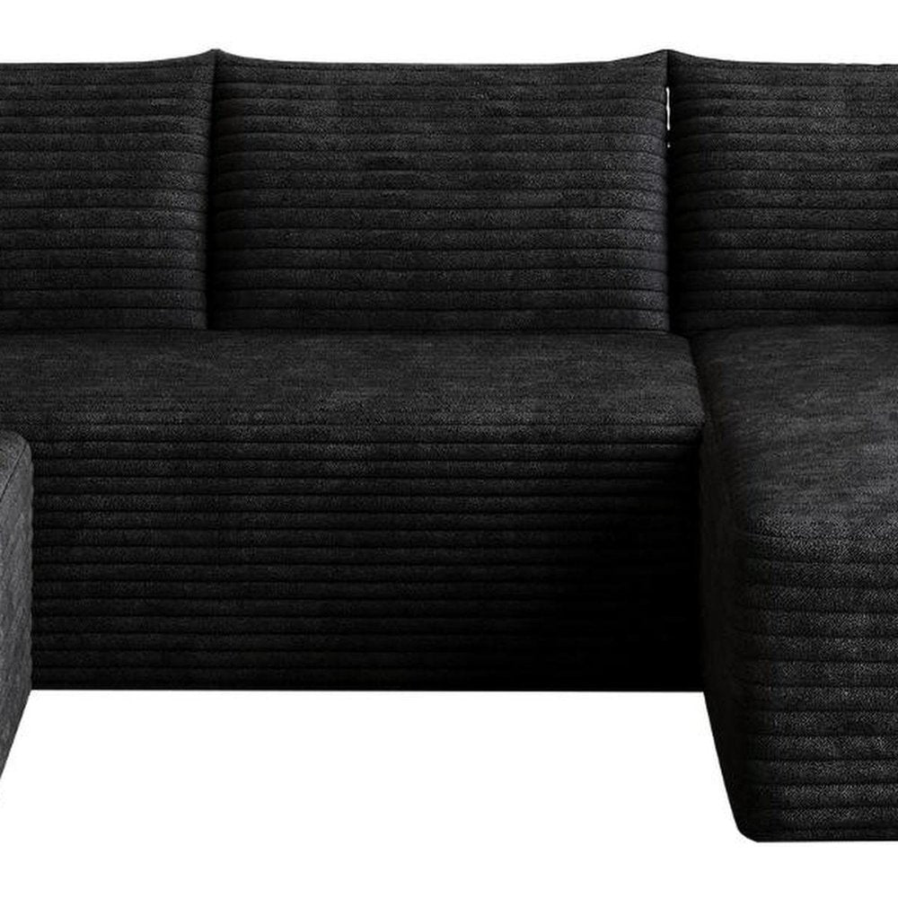 95" Black Corduroy Modular Chaise Style Sofa With Ottoman And Toss Pillows