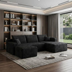 95" Black Corduroy Modular Chaise Style Sofa With Ottoman And Toss Pillows