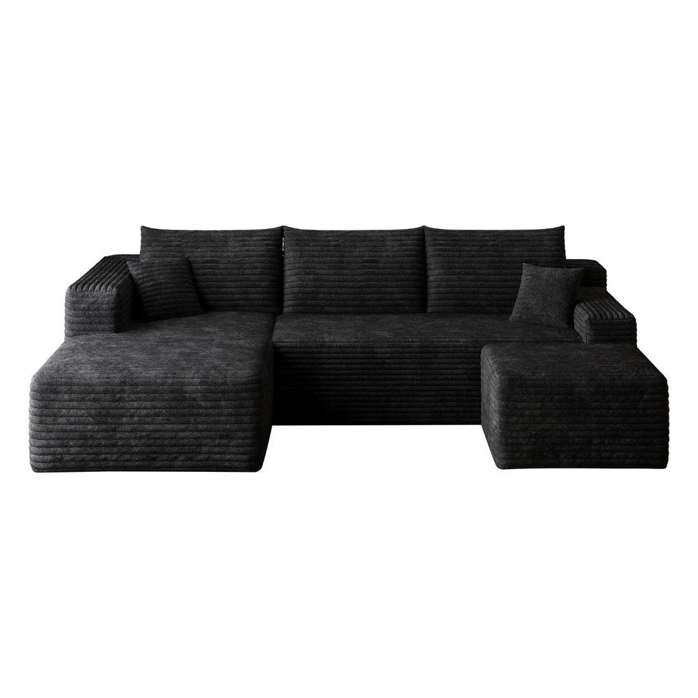 95" Black Corduroy Modular Chaise Style Sofa With Ottoman And Toss Pillows