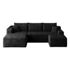 95" Black Corduroy Modular Chaise Style Sofa With Ottoman And Toss Pillows