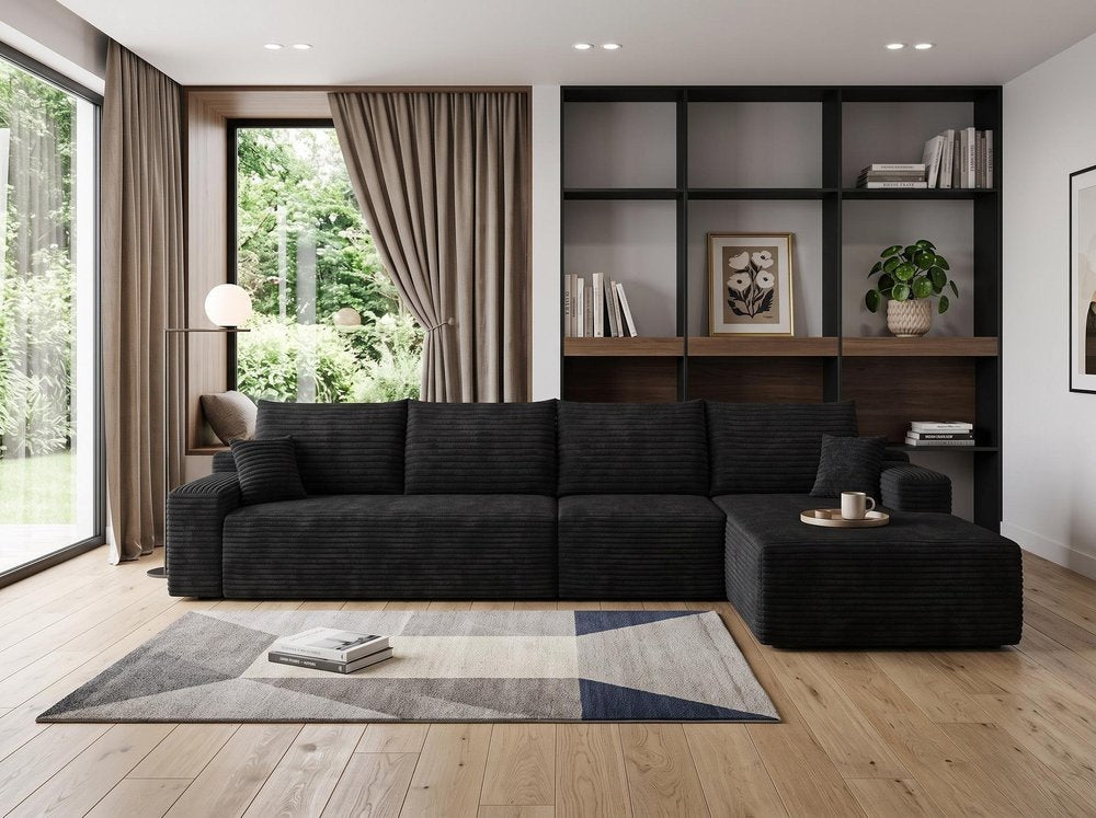 Black Corduroy Modular L Shaped Sofa and Chaise Sectional