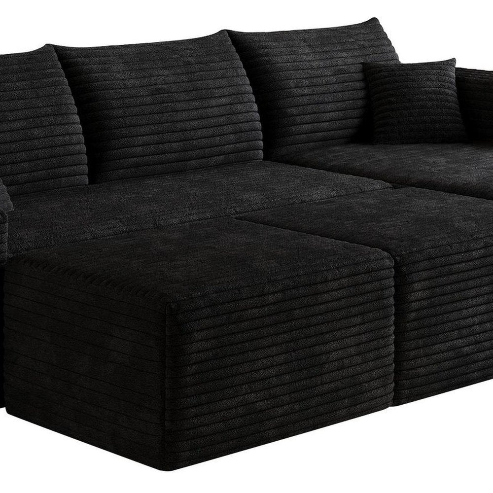 95" Black Corduroy Modular Chaise Style Sofa With Ottoman And Toss Pillows
