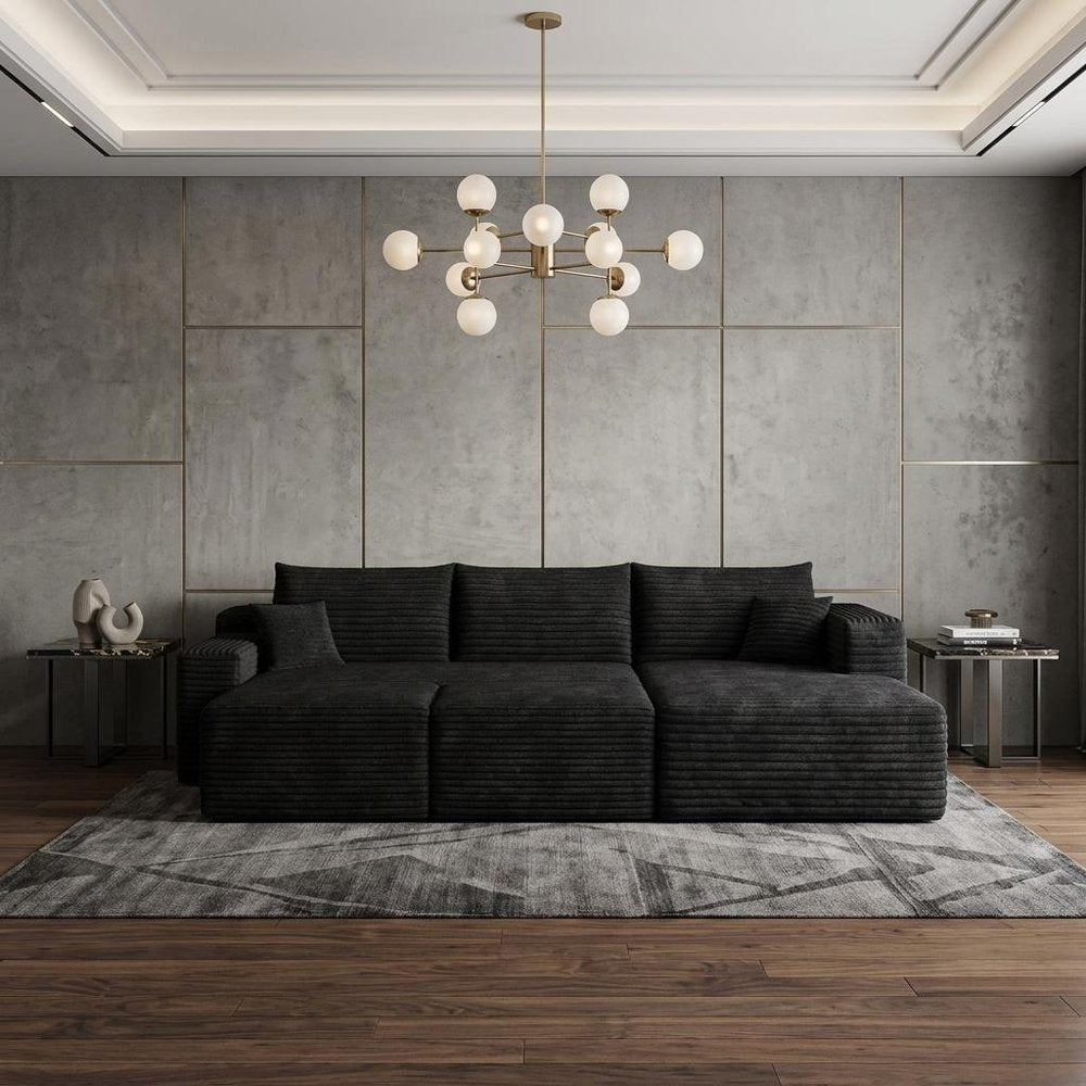95" Black Corduroy Modular Chaise Style Sofa With Ottoman And Toss Pillows