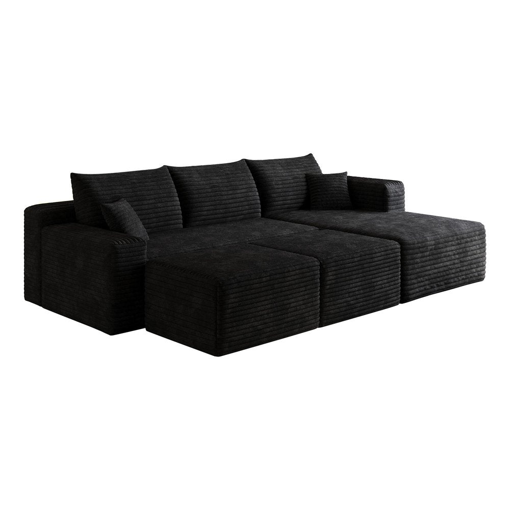 95" Black Corduroy Modular Chaise Style Sofa With Ottoman And Toss Pillows