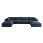 158" Blue Corduroy Modular Sofa With Ottoman And Toss Pillows