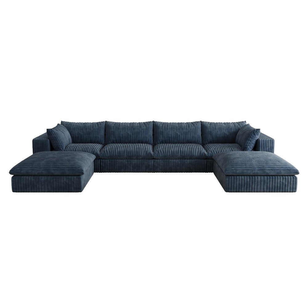 158" Blue Corduroy Modular Sofa With Ottoman And Toss Pillows
