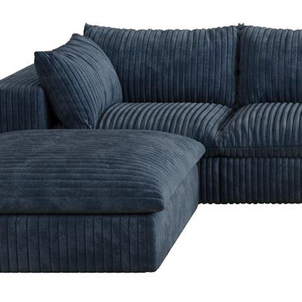 158" Blue Corduroy Modular Sofa With Ottoman And Toss Pillows