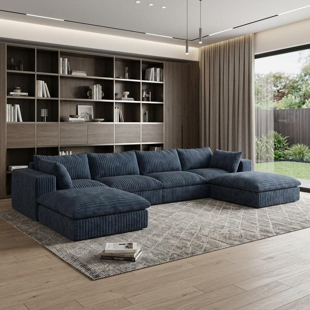 158" Blue Corduroy Modular Sofa With Ottoman And Toss Pillows