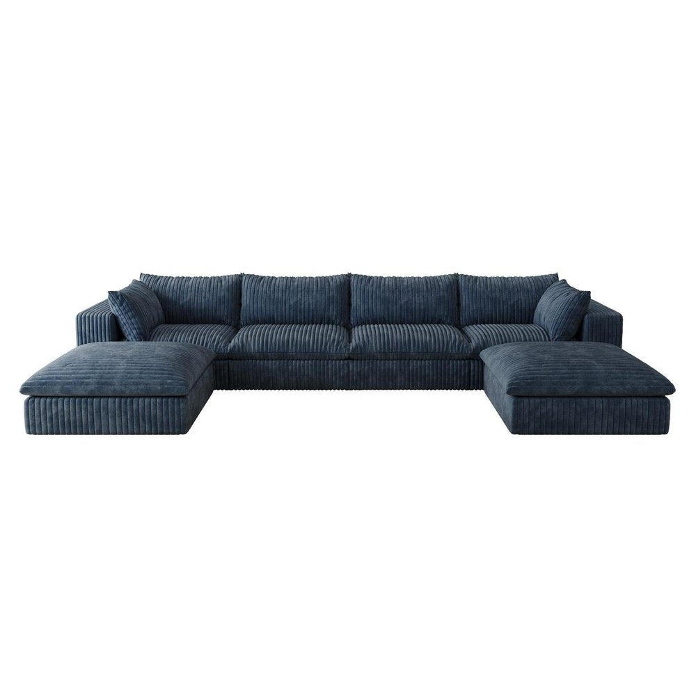 158" Blue Corduroy Modular Sofa With Ottoman And Toss Pillows