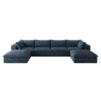 158" Blue Corduroy Modular Sofa With Ottoman And Toss Pillows